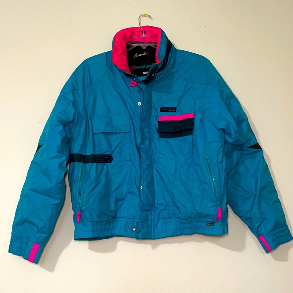 Edelweiss Skiwear Teal Pink jacket 6 Pocket Ski Coat Winter Snow Vintage XL